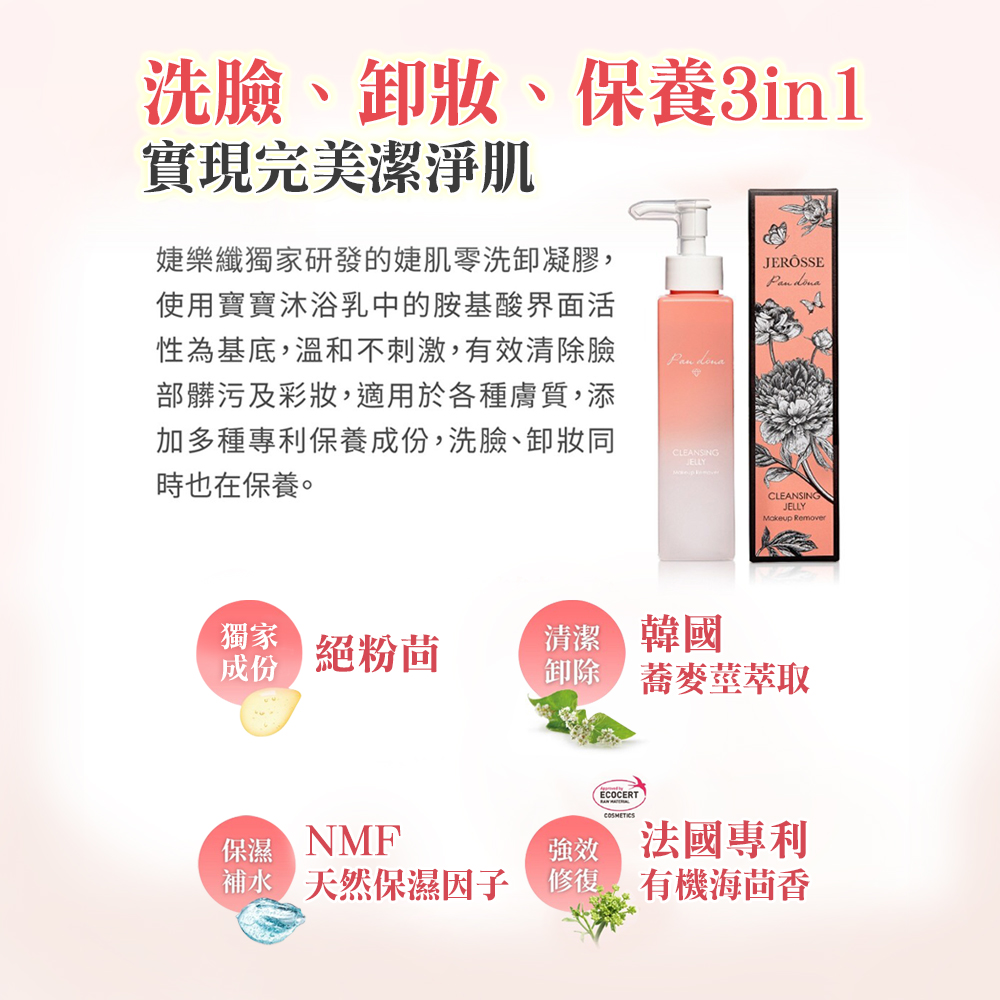 洗臉、卸妝、保養3in1實現完美潔淨肌婕樂纖獨家研發的婕肌零洗卸凝膠,使用寶寶沐浴乳中的胺基酸界面活性為基底,溫和不刺激,有效清除臉部髒污及彩妝,適用於各種膚質,添加多種專利保養成份,洗臉、卸妝同時也在保養。 CLEANSINGJELLYJEROSSE CLEANSINGJELLY Remover獨家成份絕粉茴清潔 韓國除蕎麥莖萃取保濕NMFECOCERT 法國專利補水 天然保濕因子 修復有機海茴香