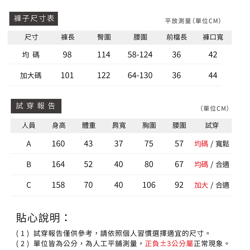 褲子尺寸表平放測量(單位M)尺寸褲長臀圍腰圍前檔長褲口寬均碼9811458-1243642加大碼112264-1303644試穿報告(單位CM)人員 身高 體重肩寬胸圍腰圍試穿A16043377557均碼/寬鬆16452408067均碼/合適C1581070404010692加大/合適貼心說明:(1)試穿報告僅供參考,請依照個人習慣選擇適宜的尺寸。(2)單位皆為公分,為人工平舖測量,正負3公分屬正常現象。