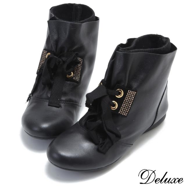 【☆Deluxe☆】率性主義-頂級小羊皮綁帶燙鑽雙層平底短靴(★黑)便宜賣
