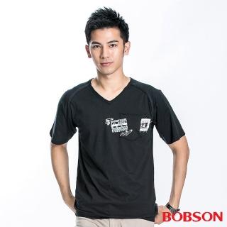 【BOBSON】男款V領印圖短袖上衣(黑20018-88)