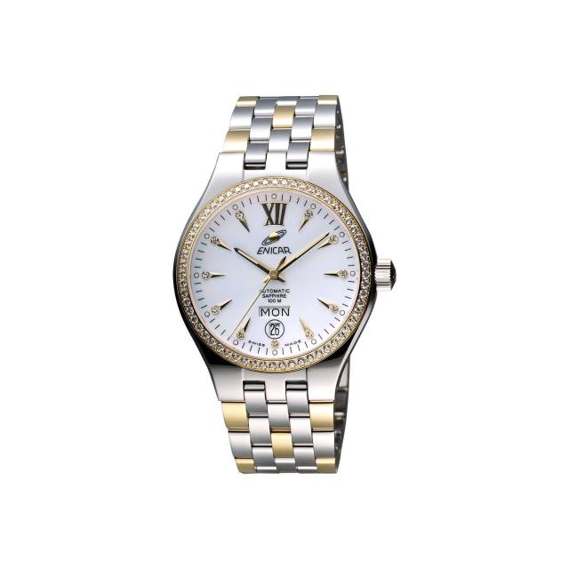 【ENICAR】英納格 傳真系列時尚晶鑽機械腕錶-白x雙色版/39mm(3168-50-316GS)