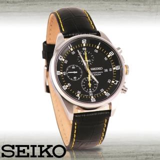 【SEIKO 精工】黑面皮革三眼競速計時腕錶(SNDC89P2)