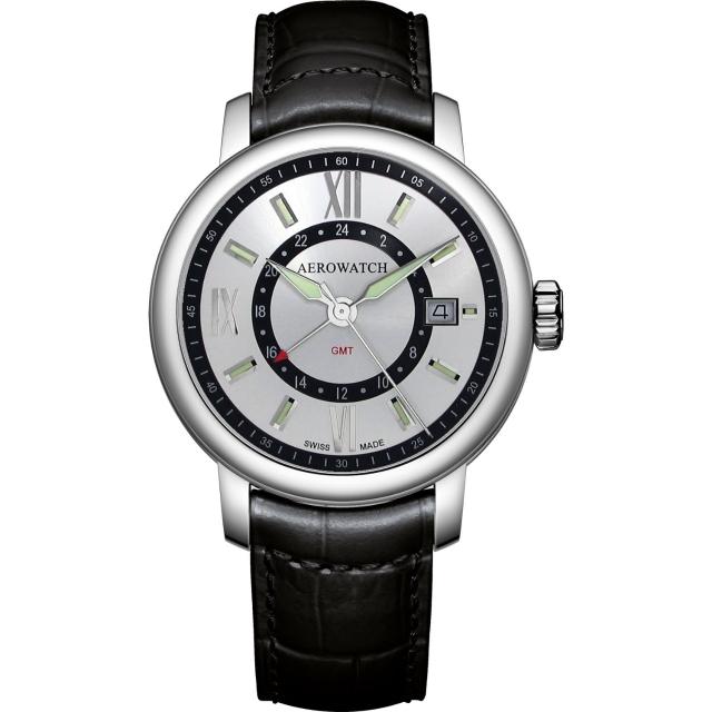 【AEROWATCH】Renaissance GMT 二地時區腕錶-銀x黑/40mm(A44937AA09)