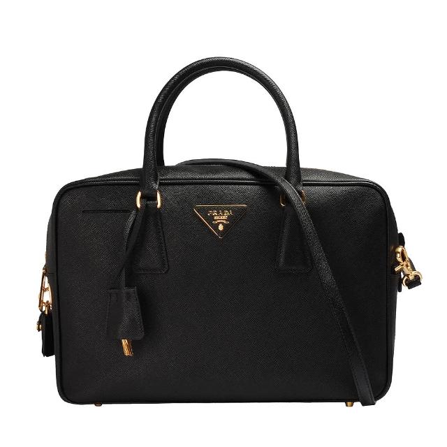 「prada」saffiano lux经典三角浮雕logo牛皮拉鍊两用锁头包(小-黑bl
