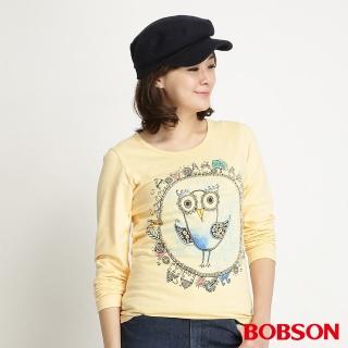 【BOBSON】女款貓頭鷹印圖長袖上衣(黃34099-30)