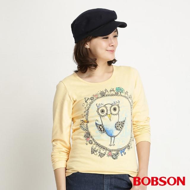 【BOBSON】女款貓頭鷹印圖長袖上衣(黃34099-30)促銷商品