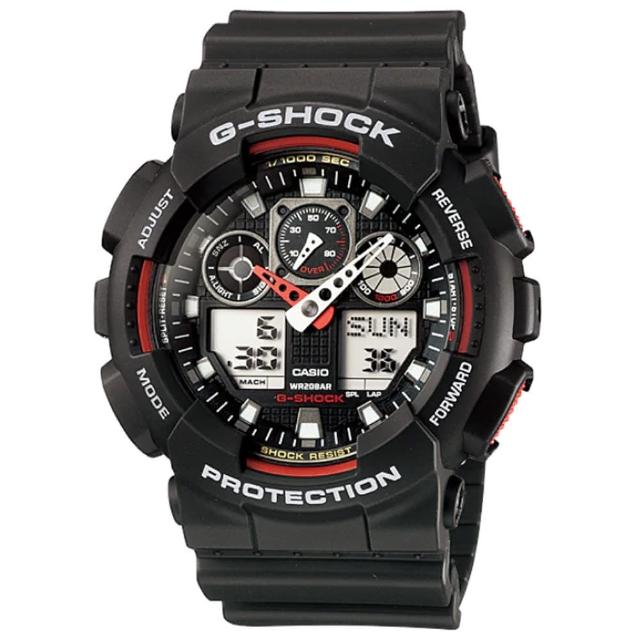 購買【CASIO】卡西歐G-SHOCK 雙顯鬧鈴電子錶-黑紅(GA-100-1A4)須知