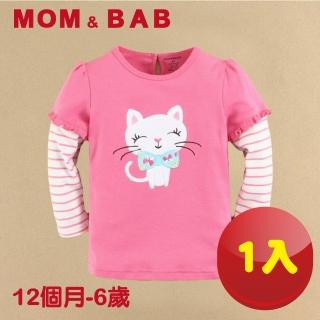 【MOM AND BAB】可愛貓咪圓領T恤長袖純棉上衣(12M-6T)