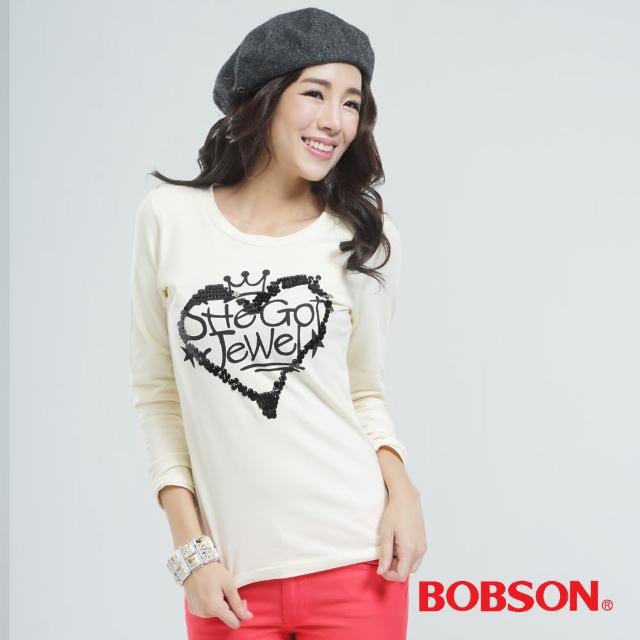 【BOBSON】亮片心型圖案上衣(米白30075-31)促銷商品