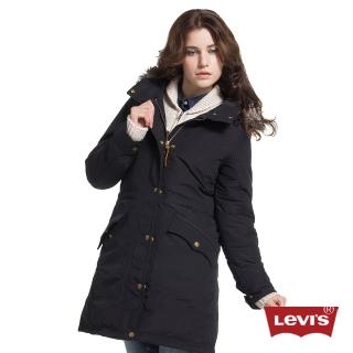 【Levis】女款質感黑連帽中長版羽絨外套