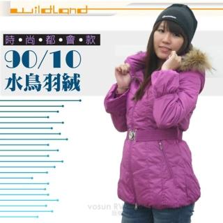 【荒野 wildland】女款 中長版 貉子毛單件式保暖羽絨外套/大衣.保暖外套(92107 桃紅)