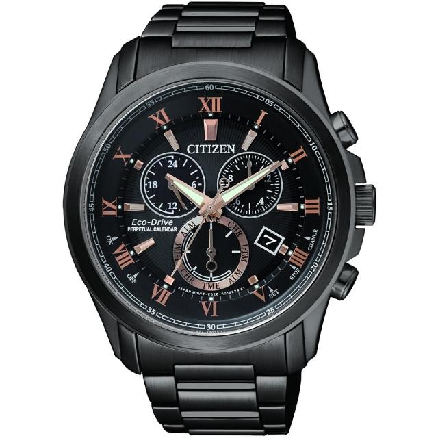 【CITIZEN】亞洲限量光動能萬年曆腕錶-黑x玫瑰金/43mm(BL5545-50E)