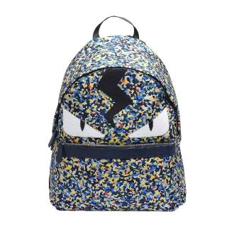 【FENDI】經典MONSTER怪獸造型防刮小牛皮飾邊尼龍後背包(多彩7VZ012-5WH-F082M)