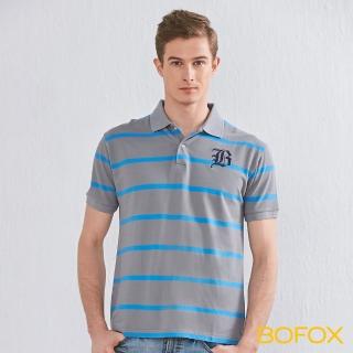 【BOFOX 寶狐】字母刺繡條紋POLO衫(灰藍)