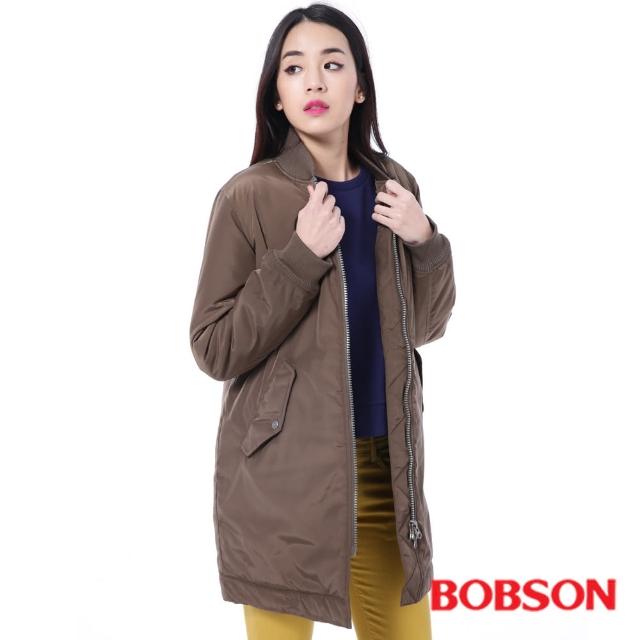 【BOBSON】女款長版鋪棉棒球外套(咖啡35141-83)