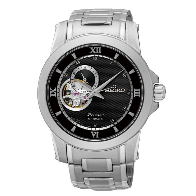 【SEIKO】Premier 典藏風格鏤空設計機械腕錶(黑面/4R39-00P0D)破盤出清