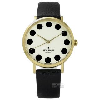 【kate spade】Metro 美國復刻主流真皮手錶 米黃x金框x黑 34mm(1YRU0107)