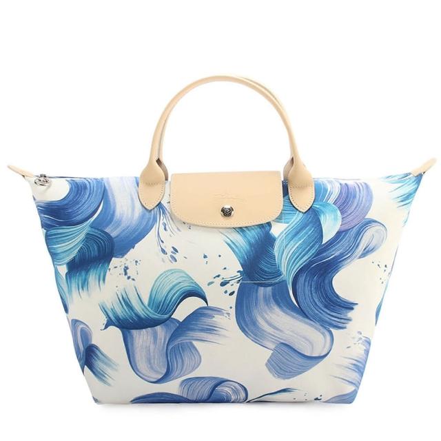 經典款式【Longchamp】Splash清新藝術水彩短提把中型帆布水餃包(粉藍色)