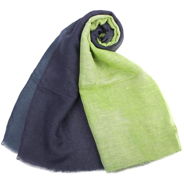 【ARMANI COLLEZIONI】拼布風漸層色混紡流蘇披肩圍巾(青檸/深藍)限量出售