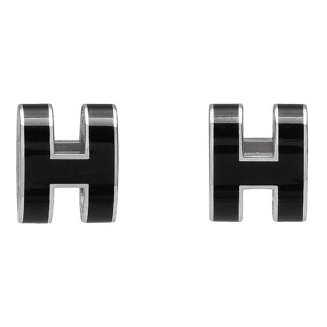 【HERMES】經典立體H LOGO簍空橢圓穿式耳環(黑X銀H608001F-NOIR-ARG)特價