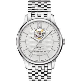 【TISSOT】天梭 Tradition 80小時動力鏤空機械腕錶-銀/40mm(T0639071103800)