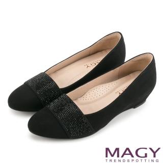 【MAGY瑪格麗特】復古上城女孩 質感布料鬆緊帶楔型低跟鞋(黑色)