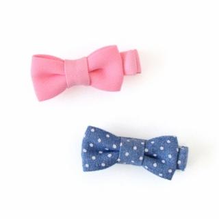 【美國 Joli Sophie】小蝴蝶結髮夾2入組 - 素色粉紅/牛仔白點(JSHC2BPDD)