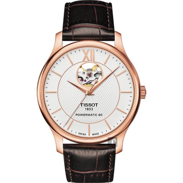 【TISSOT】天梭 Tradition 80小時動力鏤空機械腕錶-銀x玫塊金框/40mm(T0639073603800)