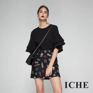 【ICHE 衣哲】暖時尚羊毛拼接提花織紋個性造型裙-黑
