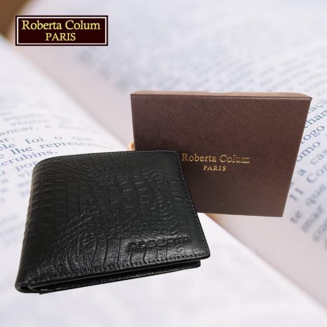 【Roberta Colum】男用短夾 專櫃皮夾 進口歐洲鱷魚紋短夾(23551-1黑色)