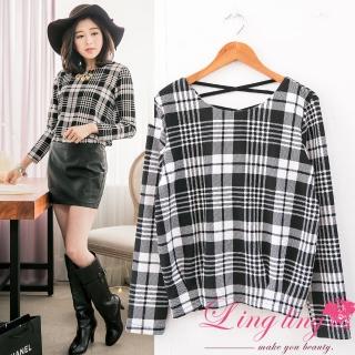 【lingling】背交叉觸感彈性格紋布下擺抓褶上衣PA2755(黑白格紋)