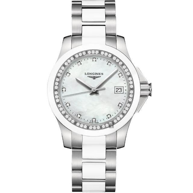【LONGINES 浪琴】征服者陶瓷真鑽女錶-珍珠貝x白/35mm(L32810877)