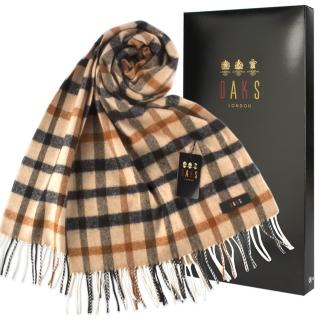 【DAKS】雙面經典格紋羊毛寬版披肩圍巾禮盒(卡其色)