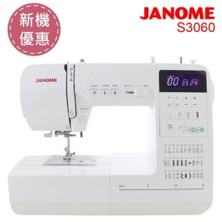 JANOME車樂美 S3060 是一款高效能電腦型縫紉機，具備自動穿線功能，縫紉速度最高達700以上，適合專業縫製與家庭使用。採用水平式全迴轉梭床設計，針趾幅度與長度均可調節至0~7mm以下，操作簡便且靈活。機身採用複合材質，重量約6.3KG，尺寸為寬50cm x 深29cm x 高42cm，配備控制器、電線、操作手冊與標準零配件，電壓為110V，提供2年保固。