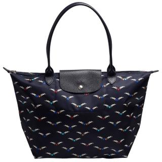【LONGCHAMP】經典Le Pliage Chevaux Ailes系列天使圖騰長提把尼龍水餃包(中-海軍藍1899663-006)