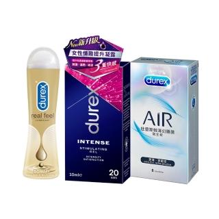 【Durex 杜蕾斯】AIR輕薄幻隱裝保險套8入+女性情趣提升凝露10ml+真觸感潤滑劑50ml