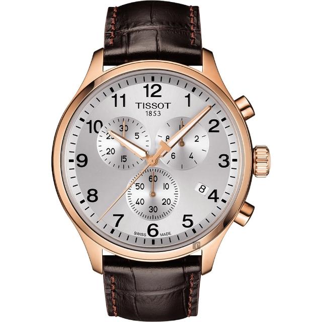【TISSOT 天梭】韻馳系列 Chrono XL計時手錶-銀x玫塊金框x咖啡錶帶/45mm(T1166173603700)