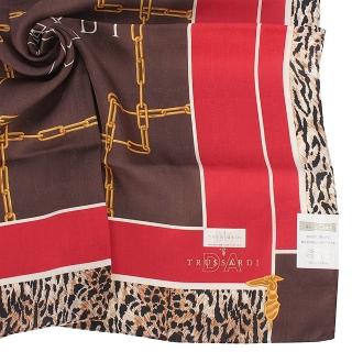【TRUSSARDI】經典LOGO幾何金鍊動物紋綿混絲帕領巾(紅/巧克力色)