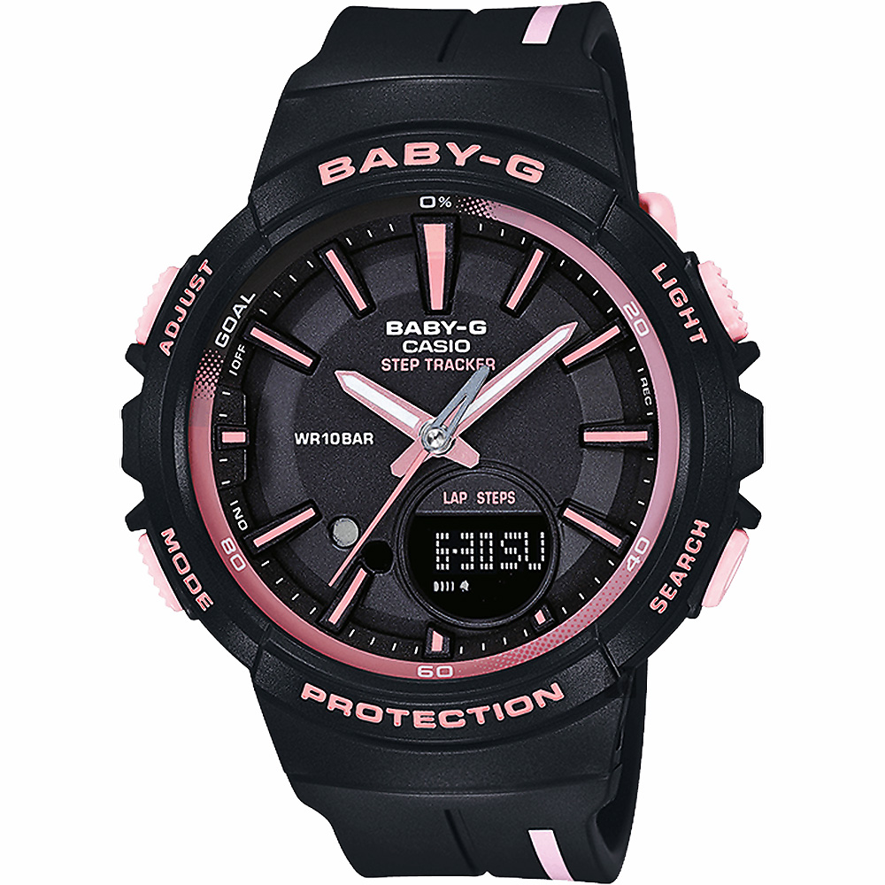 【casio 卡西欧】baby-g 慢跑计步粉彩手表-黑x粉红时标(bgs-100rt-1a