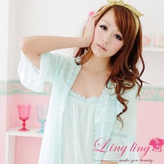 【lingling】A666全尺碼-鏤刻浪漫柔美蕾絲背心裙+睡袍(清新藍綠)