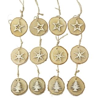 【SPICE】聖誕節木頭吊飾12個/組 星星/雪花/聖誕樹(天然木頭製成/ 獨一無二)