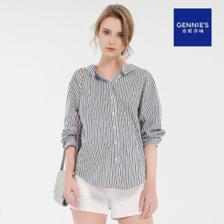 【Gennies 奇妮】直條抓皺排釦兩穿式襯衫上衣(深藍條紋T3F08)