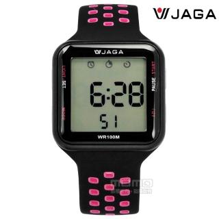 【JAGA捷卡】方型電子 計時碼錶 鬧鈴 防水100米 透氣運動 矽膠手錶 黑粉色 38mm(M1179C-AG)