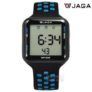 【JAGA捷卡】方型電子 計時碼錶 鬧鈴 防水100米 透氣運動 矽膠手錶 黑藍色 38mm(M1179C-AE)