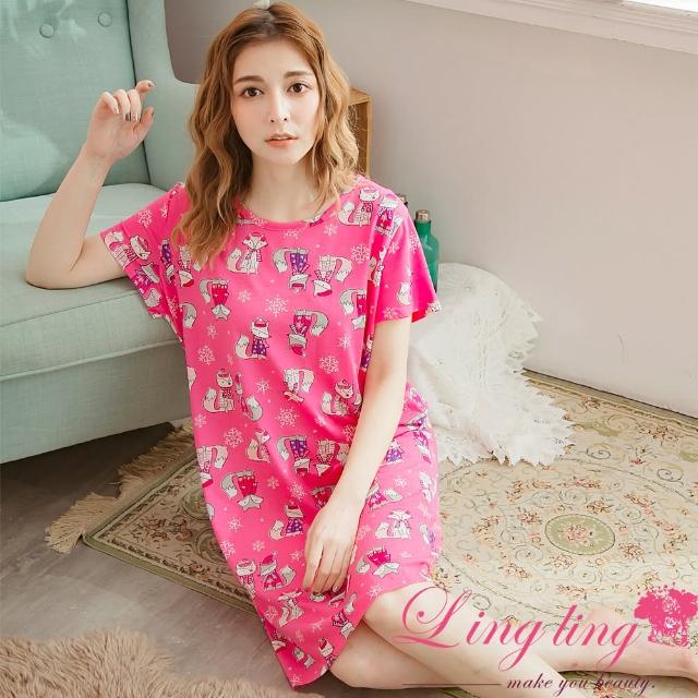 【lingling】PA3711全尺碼-Q版狐狸雪花棉質連身休閒T睡衣(亮眼桃粉)
