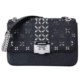【Michael Kors】新款名媛奢華黑色燙金花紋測斜肩背小香包(35S8ST4F2L-BLACK)