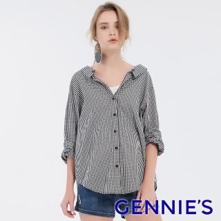 【Gennies 奇妮】抓皺修身排扣兩穿式格紋襯衫上衣(黑白格T3F01)