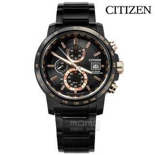 【CITIZEN】亞洲限定 光動能 電波 萬年曆 藍寶石水晶 不鏽鋼手錶 玫瑰金x鍍黑 43mm(AT8127-85F)