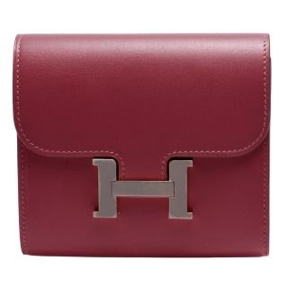 【Hermes 愛馬仕】經典CONSTANCE系列Swift牛皮銀色H LOGO暗釦短夾(紅H068968CK-ROUGE)