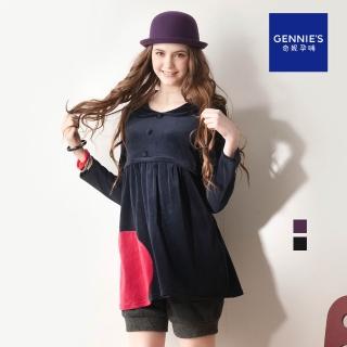 【Gennies 奇妮】大愛心棉絨長版哺乳上衣(紫/黑GN071)